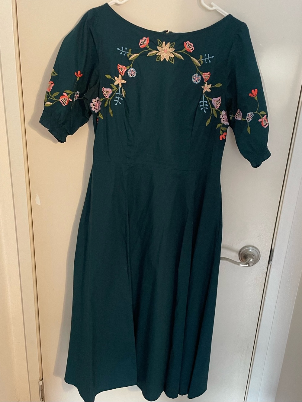 eshakti Teal Green Embroidered Midi Dress with Puff Sleeves